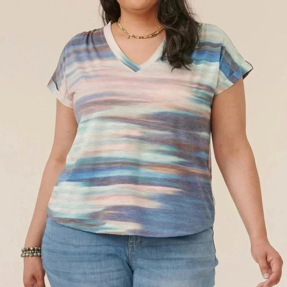 Democracy Tops - Democracy Cap Sleeve Ruched Shoulder Watercolor Top Medium